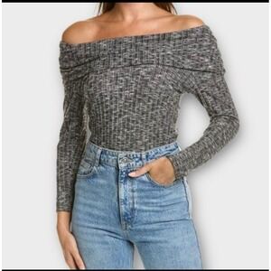 Michael Stars Women's Aspen Black Marl Ribbed Off Shoulder Long Sleeve Top